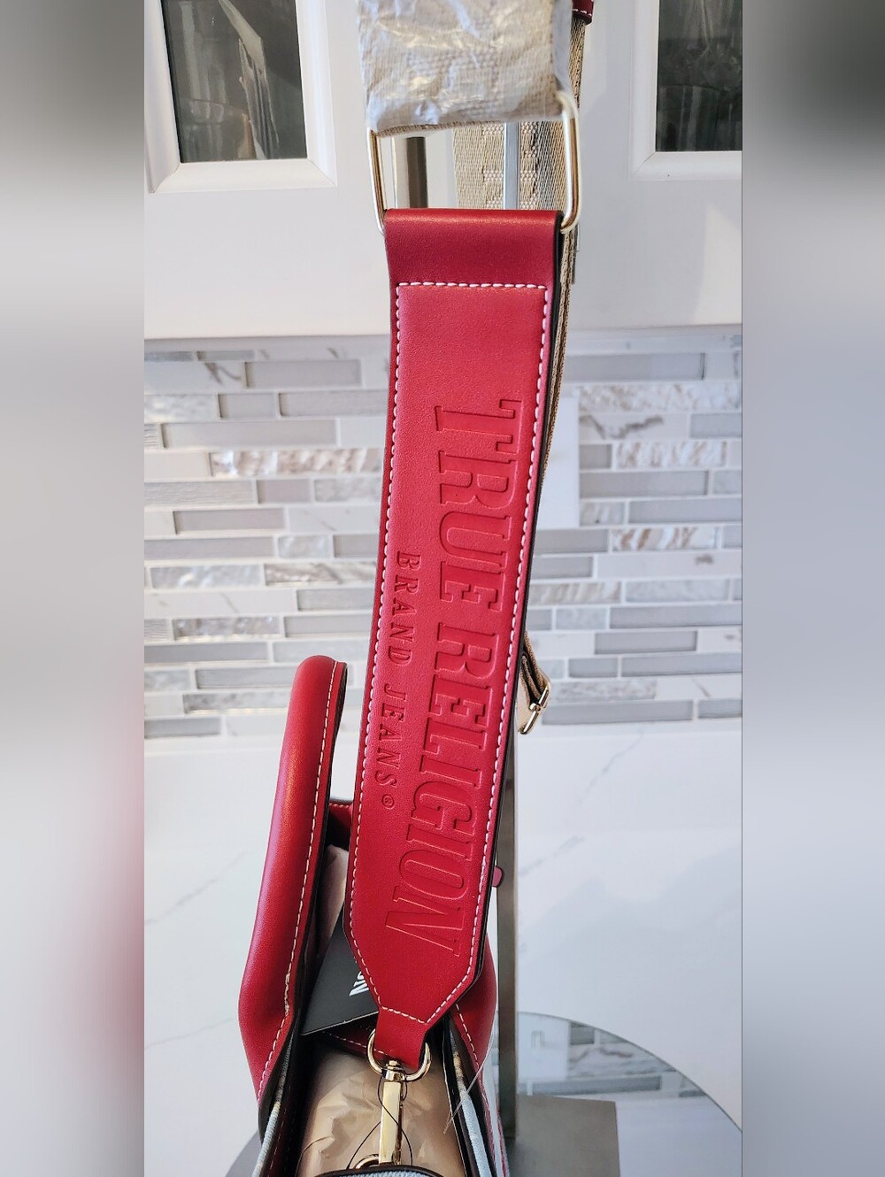 NWT True Religion Denim Tote Bag - Red Leather Trim - Picture 7 of 7